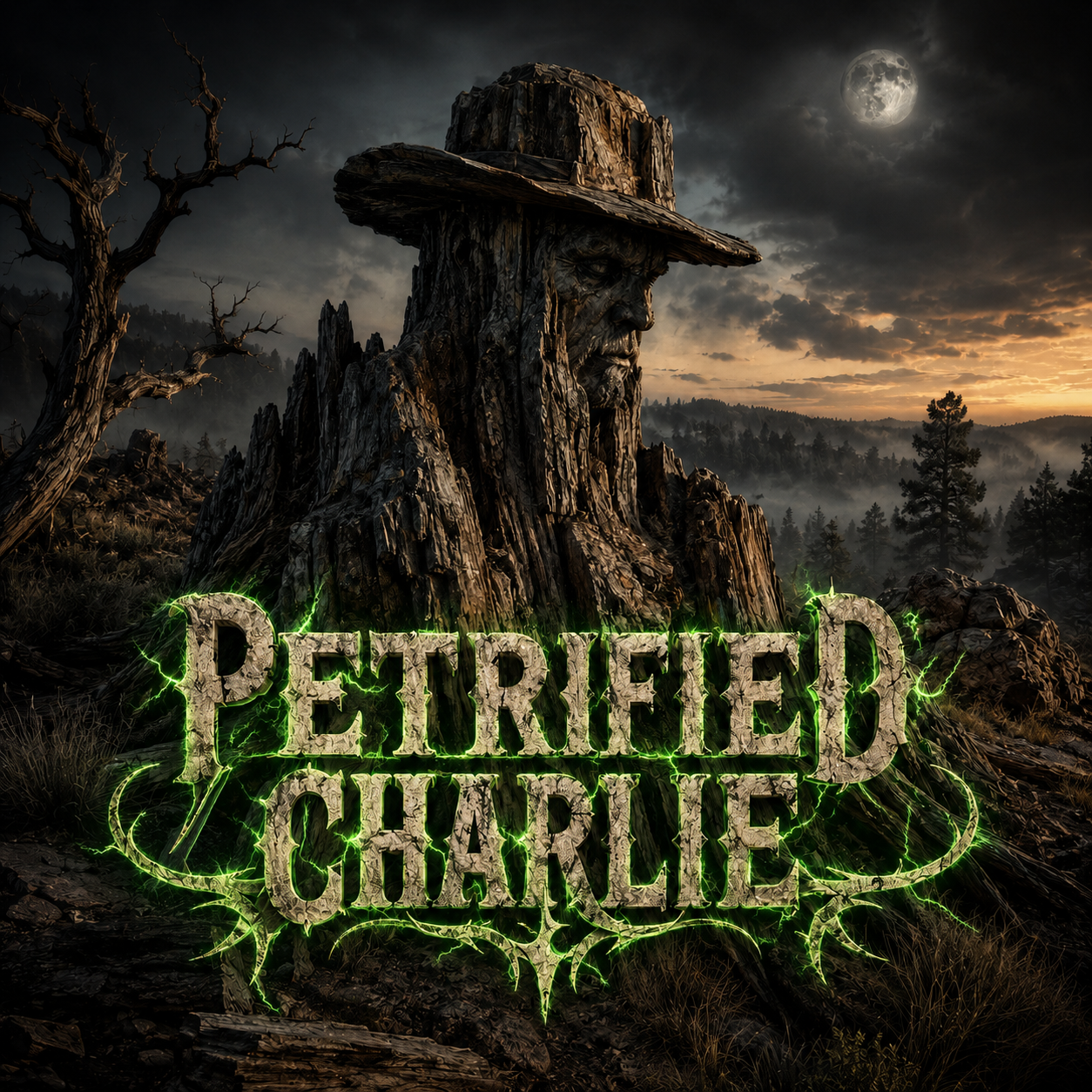 Petrified Charlie wide landscape artwork with petrified figure and logo