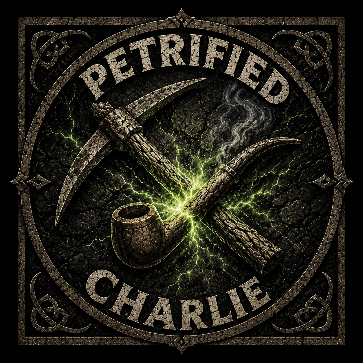 Petrified pipe and crossed tools artwork